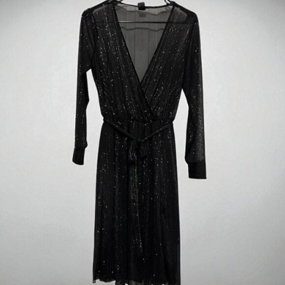 Black Sheer Sparkle Midi Dress with Belt and Long Sleeves Size: M - Picture 2 of 12